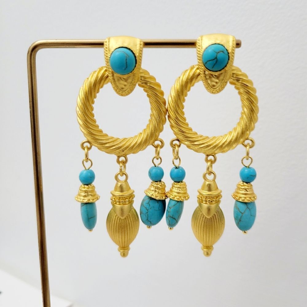 Brand New Indian Style Gold Tone With Turquoise Stone Earrings